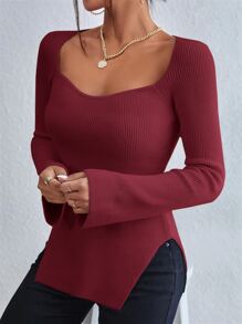 SHEIN Privé Sweetheart Neck Split Hem Jumper - Burgundy - View 4