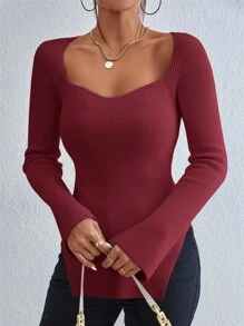 SHEIN Privé Sweetheart Neck Split Hem Jumper - Burgundy - View 6