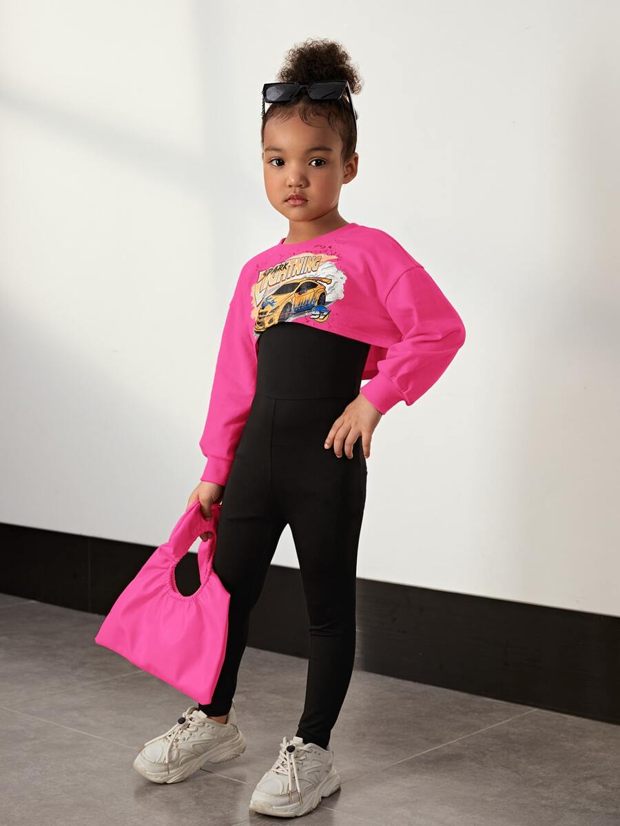 SHEIN Young Girl Letter Graphic Pullover & Unitard Cami Jumpsuit - Multicolor - View 1