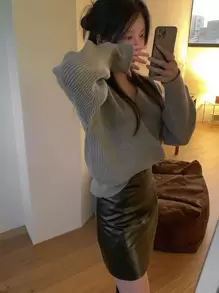 DAZY Chân váy bodycon da PU trơn, chân váy dạ hội, chân váy bút chì thu đông - màu đen - Xem 10