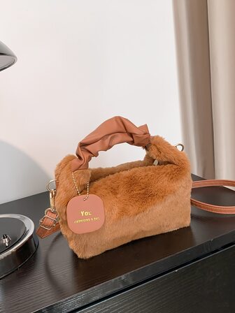 毛絨柔軟毛絨迷你蓬鬆水桶包帶袋飾適合女孩、女士、大學生、菜鳥和白領上班、辦公室、通勤、秋冬、暖冬、戶外