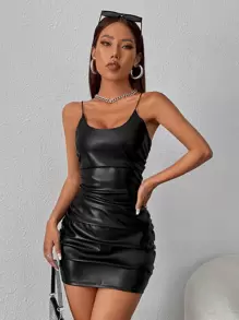 SHEIN PETITE Ruched PU Leather Bodycon Party Women  Dress - Black - View 5