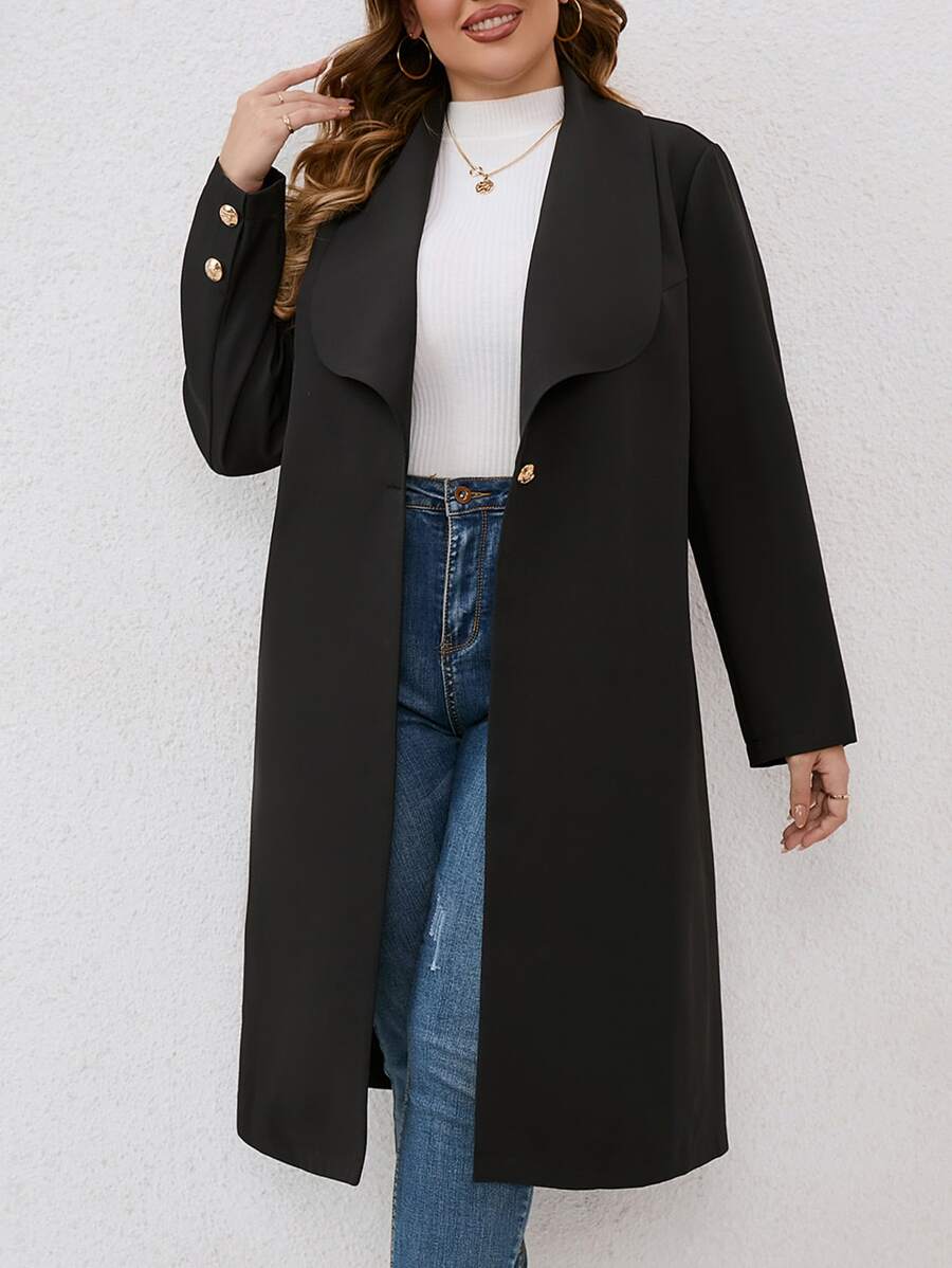 SHEIN LUNE 大碼大翻領單釦外套 - 黑色 - 查看 1