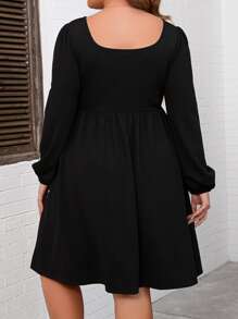 SHEIN LUNE Plus Scoop Neck Lantern Sleeve Dress - Black - View 2