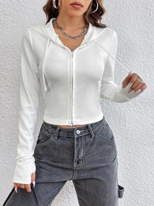 SHEIN EZwear Áo hoodie có dây rút khóa kéo trơn cho mùa thu/đông - trắng - Xem 1