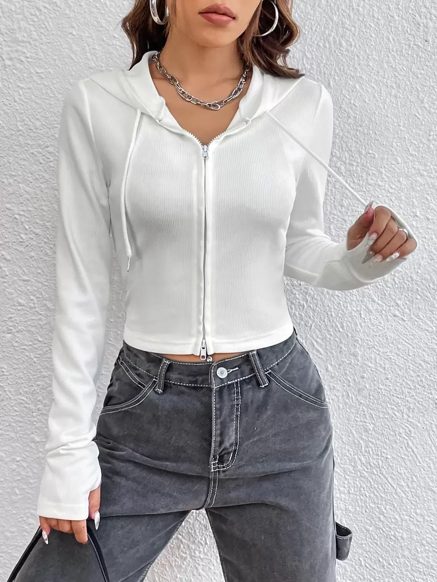 SHEIN EZwear Áo hoodie có dây rút khóa kéo trơn cho mùa thu/đông - trắng - Xem 1