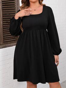 SHEIN LUNE Plus Scoop Neck Lantern Sleeve Dress - Black - View 4
