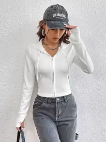 SHEIN EZwear Áo hoodie có dây rút khóa kéo trơn cho mùa thu/đông - trắng - Xem 3