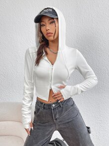 SHEIN EZwear Áo hoodie có dây rút khóa kéo trơn cho mùa thu/đông - trắng - Xem 4