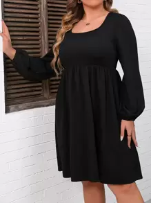 SHEIN LUNE Plus Scoop Neck Lantern Sleeve Dress - Black - View 1