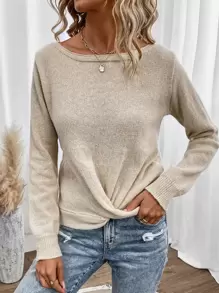 SHEIN LUNE Twist Front Boat Neck Jumper - Apricot - View 1