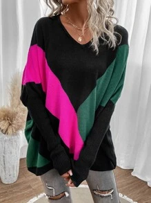 SHEIN LUNE Colourblock Batwing Sleeve Jumper - Hot Pink - View 1