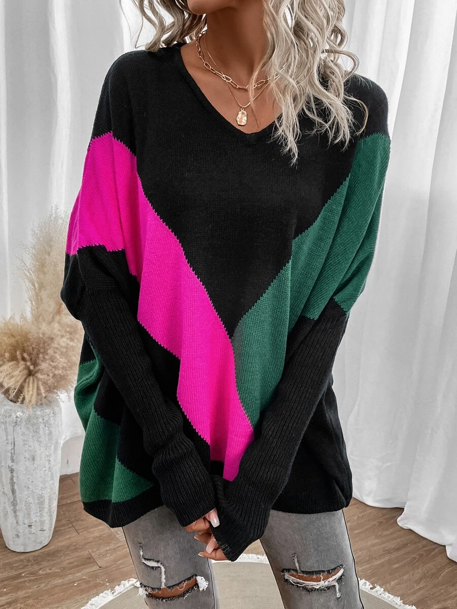 SHEIN LUNE Colourblock Batwing Sleeve Jumper - Hot Pink - View 1