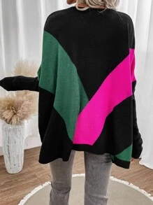 SHEIN LUNE Colourblock Batwing Sleeve Jumper - Hot Pink - View 2