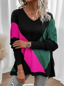SHEIN LUNE Colourblock Batwing Sleeve Jumper - Hot Pink - View 3