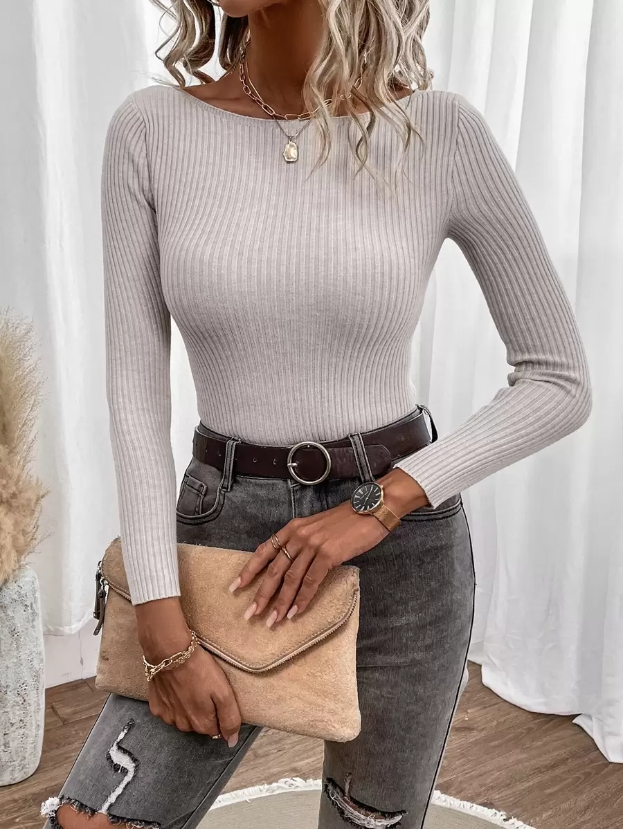 SHEIN Clasi Boat Neck Ribbed Knit Jumper - Apricot - View 1