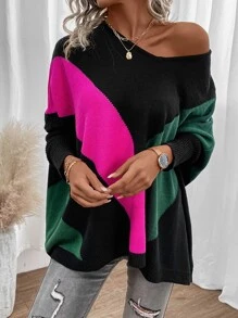 SHEIN LUNE Colourblock Batwing Sleeve Jumper - Hot Pink - View 4