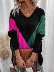 SHEIN LUNE Colourblock Batwing Sleeve Jumper - Hot Pink - View 5