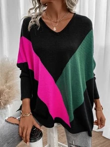 SHEIN LUNE Colourblock Batwing Sleeve Jumper - Hot Pink - View 6