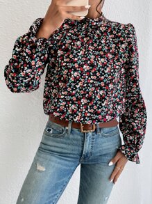 SHEIN Frenchy 小碎花印花荷叶边袖衬衫、长袖上衣 - 彩色 - 查看 3