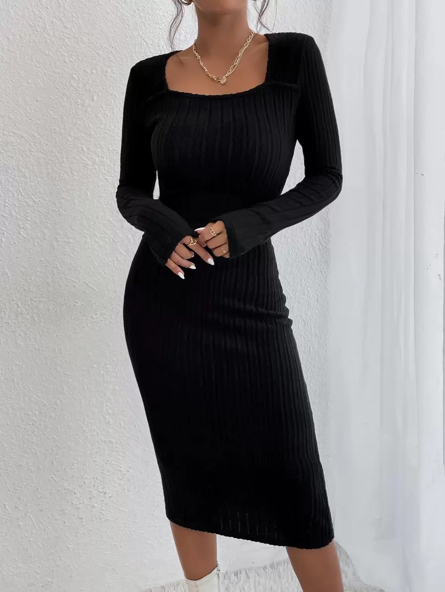 SHEIN Essnce Square Neck Ribbed Knit Bodycon Dress