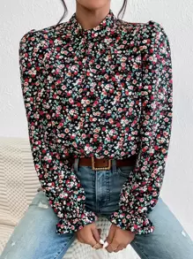 SHEIN Frenchy 小碎花印花荷叶边袖衬衫、长袖上衣 - 彩色 - 查看 5