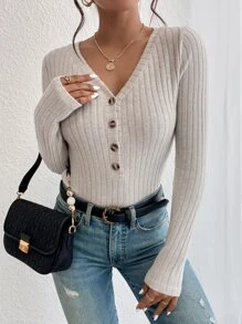 SHEIN Frenchy Body con botón delantero tejido de canalé - Albaricoque - Ver 4