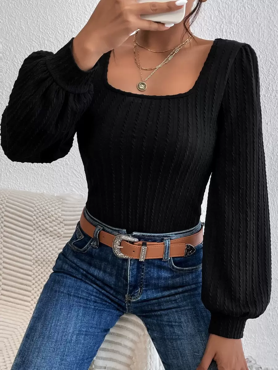 SHEIN Frenchy Camiseta de cuello cuadrado de manga farol tejido de canalé - Negro - Ver 1