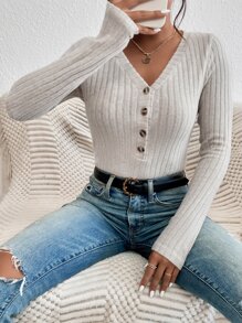 SHEIN Frenchy Body con botón delantero tejido de canalé - Albaricoque - Ver 1