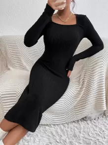 SHEIN Essnce Square Neck Ribbed Knit Bodycon Dress