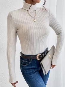 SHEIN Essnce Turtle Neck Ribbed Knit Tee