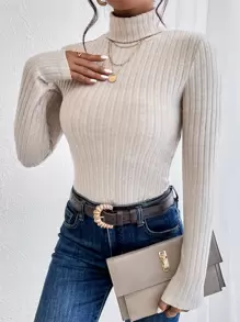 SHEIN Essnce Turtle Neck Ribbed Knit Tee