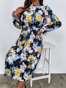 SHEIN Clasi 大碼印花荷葉袖繫腰帶洋裝 - 彩色 - 查看 2