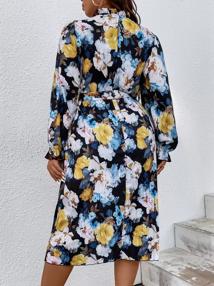 SHEIN Clasi Plus Floral Print Flounce Sleeve Belted Dress - Multicolor - View 3