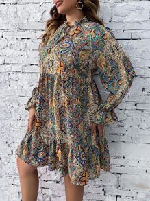 SHEIN Holidaya 大碼佩斯利印花繫帶領荷葉袖荷葉邊連衣裙 - 彩色 - 查看 6