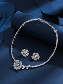 Cubic Zirconia Flower Decor Necklace & Stud Earrings - Silver - View 1
