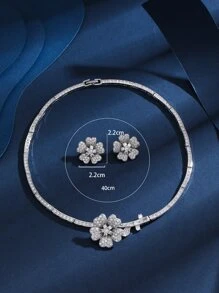Cubic Zirconia Flower Decor Necklace & Stud Earrings - Silver - View 3