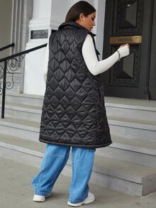 Eilly Bazar Flap Detail Button Front Vest Padded Coat - Black - View 2