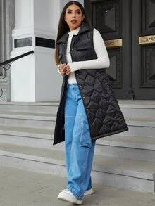 Eilly Bazar Flap Detail Button Front Vest Padded Coat - Black - View 5