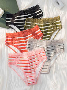 SHEIN 5pack Striped Print Lace Trim Panty - Multicolor - View 3