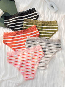 SHEIN 5pack Striped Print Lace Trim Panty - Multicolor - View 2