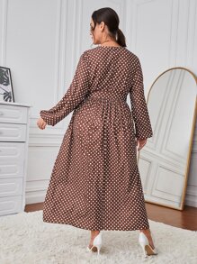 SHEIN Clasi Plus Polka Dot Lantern Sleeve Belted Dress - Rust Brown - View 2