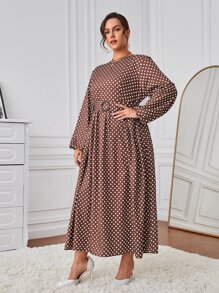 SHEIN Clasi Plus Polka Dot Lantern Sleeve Belted Dress - Rust Brown - View 5