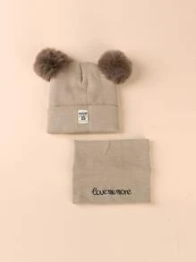 嬰兒1入組長毛絨球裝飾帽和1入組字母圖案圍巾 - 卡其色 - 查看 2