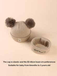 嬰兒1入組長毛絨球裝飾帽和1入組字母圖案圍巾 - 卡其色 - 查看 6