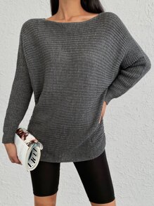 EURMUSE Boat Neck Batwing Sleeve Jumper - Dark Grey - View 1