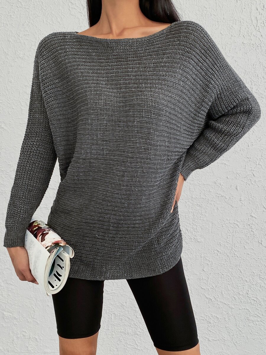 EURMUSE Boat Neck Batwing Sleeve Jumper - Dark Grey - View 1