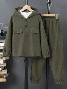 SHEIN Bộ hai mảnh Trai Nút màu trơn Giải trí - xanh quân đội - Xem 1