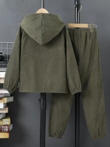 SHEIN Bộ hai mảnh Trai Nút màu trơn Giải trí - xanh quân đội - Xem 2