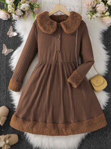 Girls Borg Collar Button Front Dress - Brown - View 1